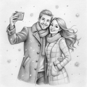 drawing-couple-taking-selfie-with-cell-phone_best pencil art work in chennai