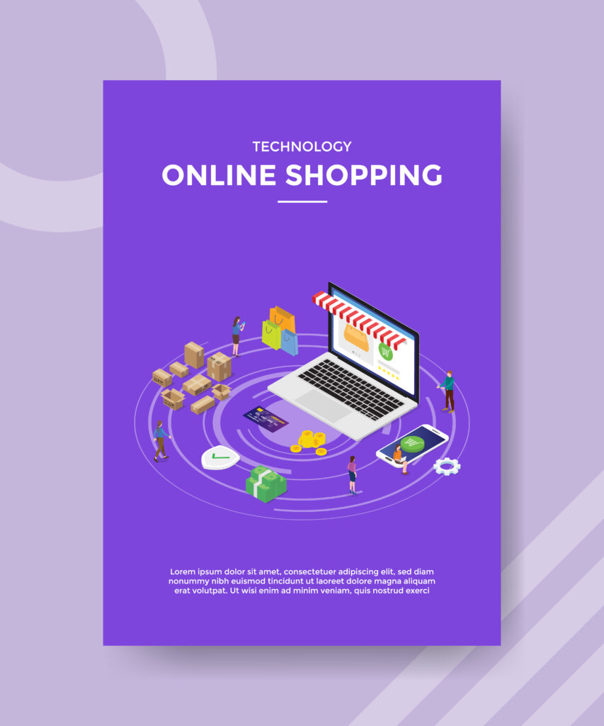 technology online shopping people standing around laptop store for template flyer and print banner cover book books modern flat style